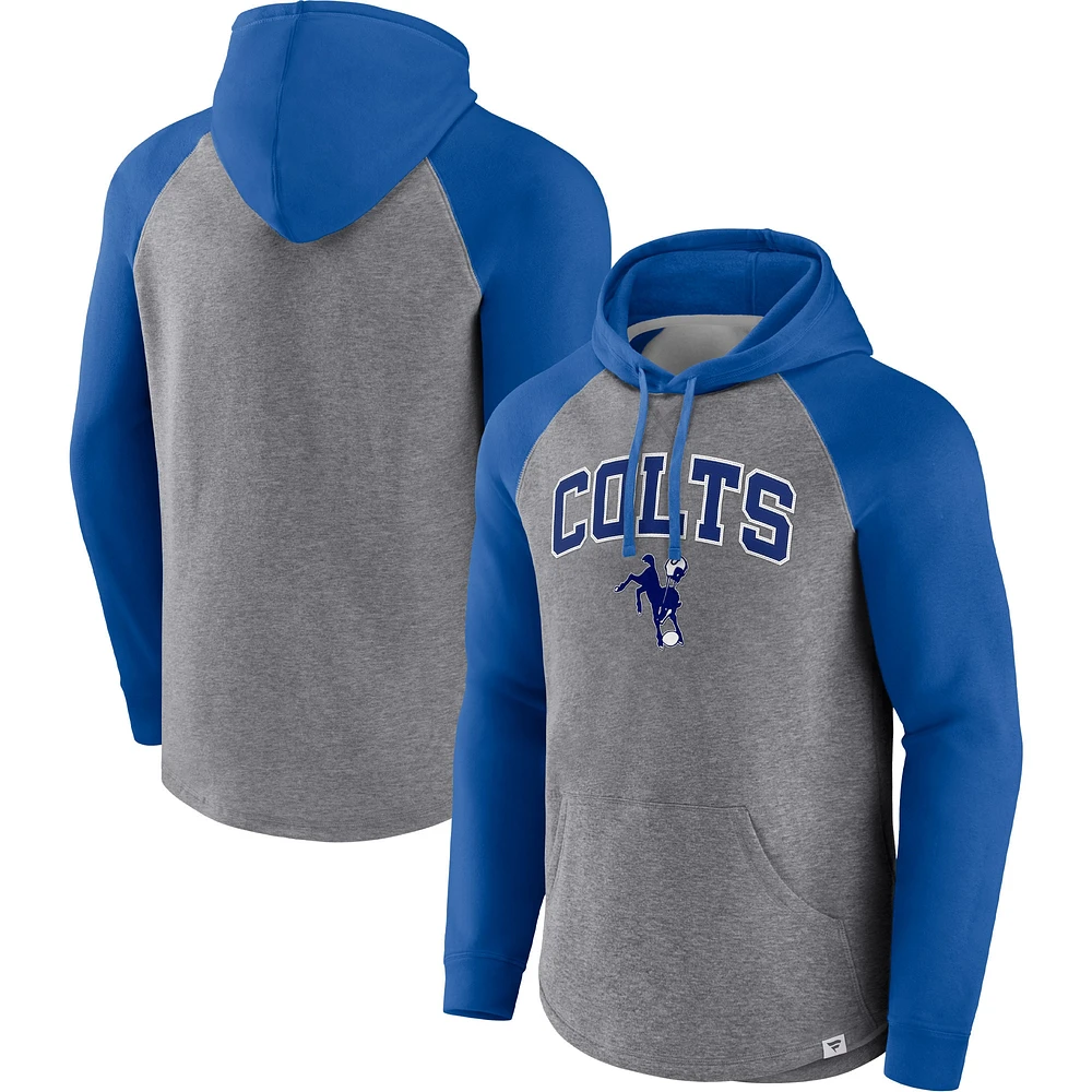 Men's Fanatics Heathered Gray/Royal Indianapolis Colts By Design Raglan Pullover Hoodie