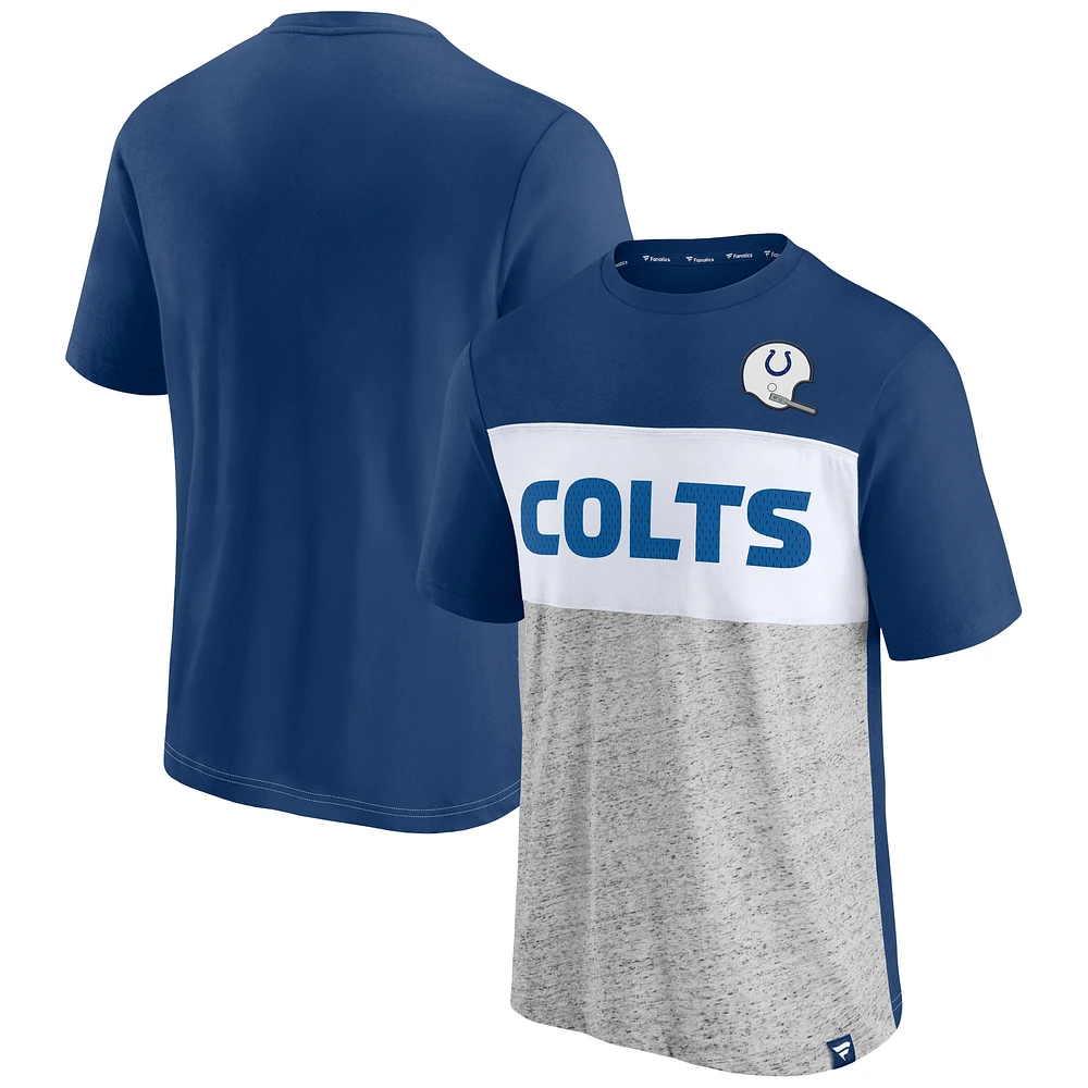 T-shirt color block Throwback des Colts d'Indianapolis Fanatics Royal/Gris chiné pour hommes