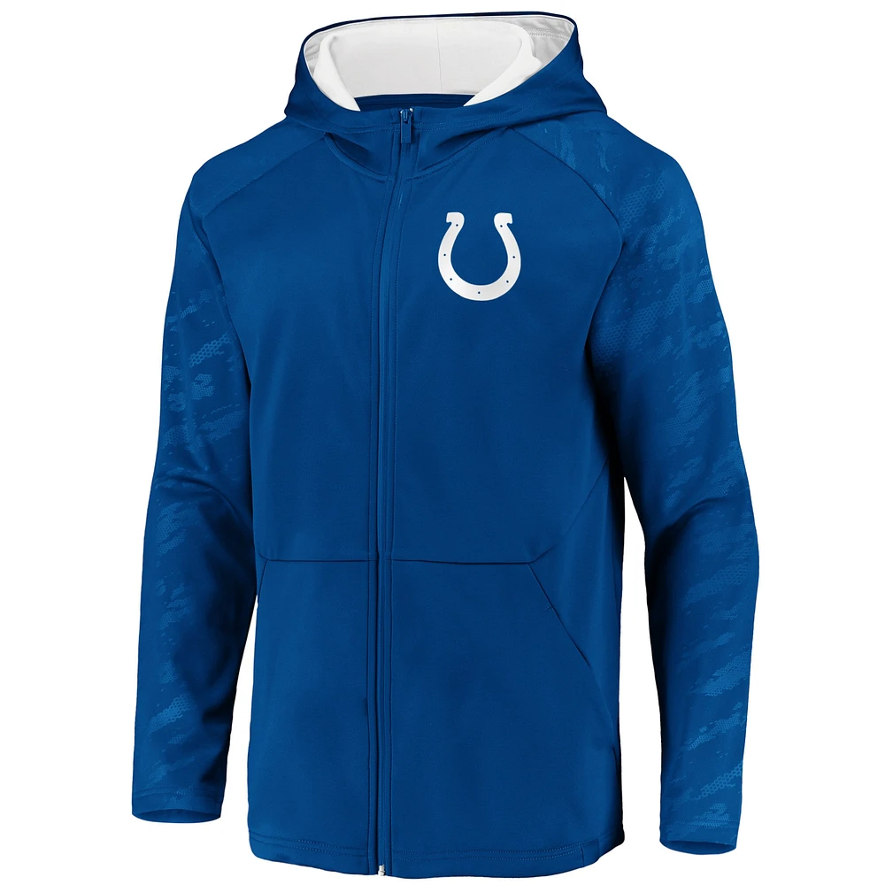 Sweat à capuche entièrement zippé Fanatics Royal Indianapolis Colts Iconic Embossed Defender Raglan pour hommes