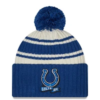 Men's New Era Cream/Royal Indianapolis Colts 2022 Sideline - Sport Cuffed Pom Knit Hat