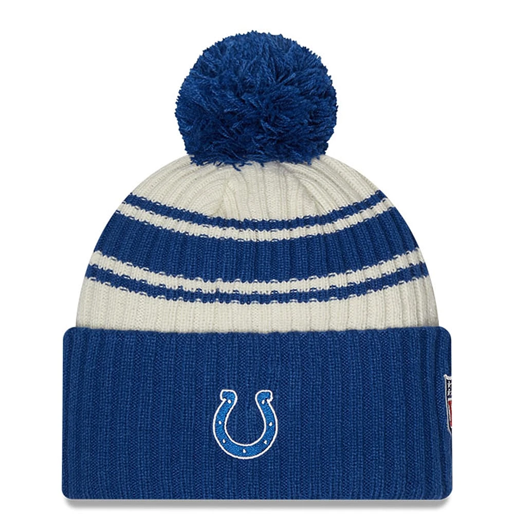 Men's New Era Cream/Royal Indianapolis Colts 2022 Sideline - Sport Cuffed Pom Knit Hat