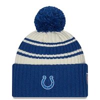 Men's New Era Cream/Royal Indianapolis Colts 2022 Sideline - Sport Cuffed Pom Knit Hat