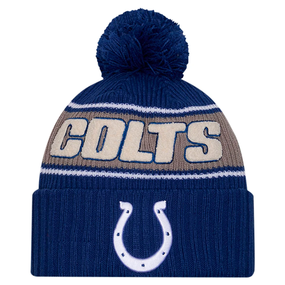 Bonnet en tricot à revers avec pompon pour homme New Era Royal Indianapolis Colts 2024 Sideline Sport