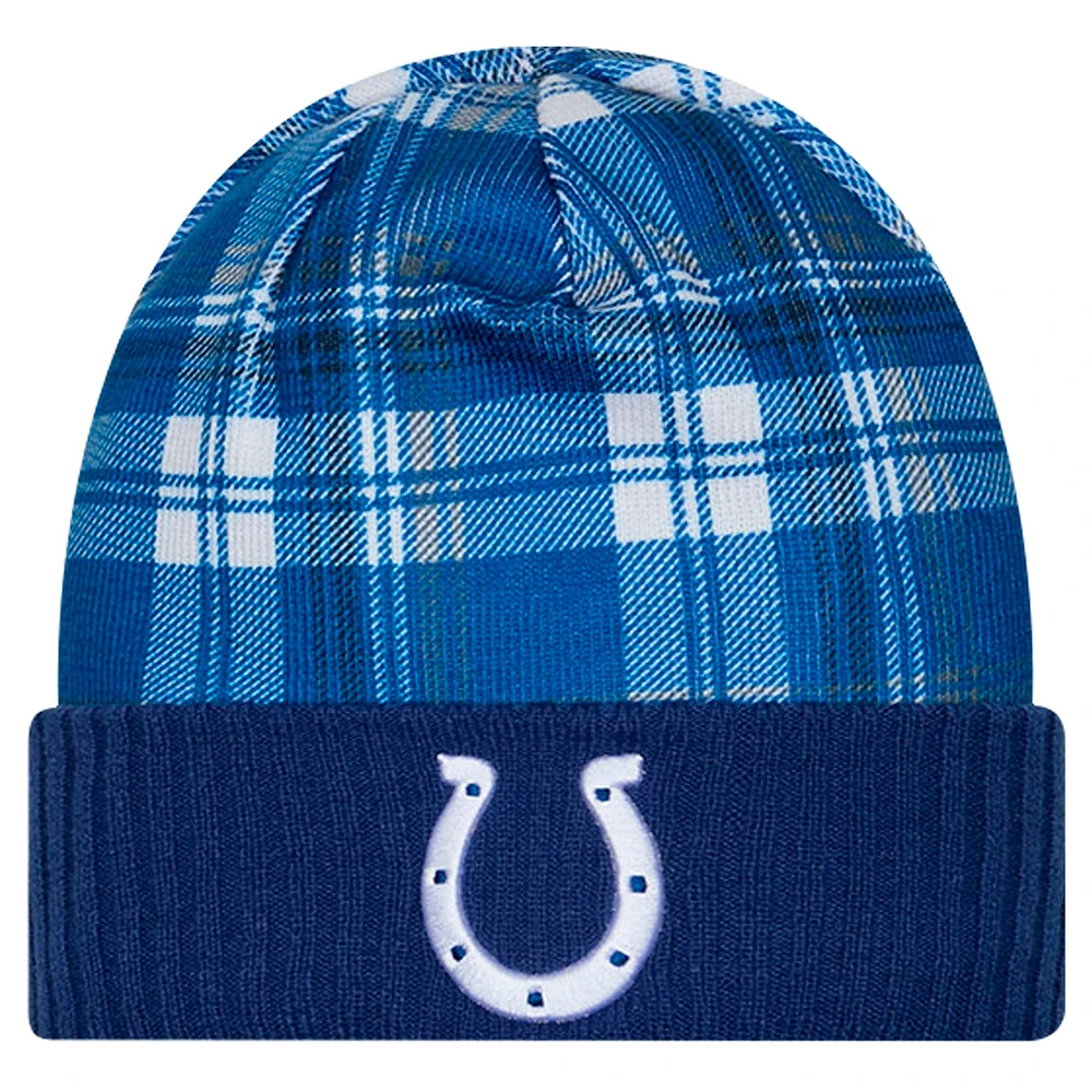 Bonnet en tricot à revers Royal Indianapolis Colts Sideline Statement pour homme New Era