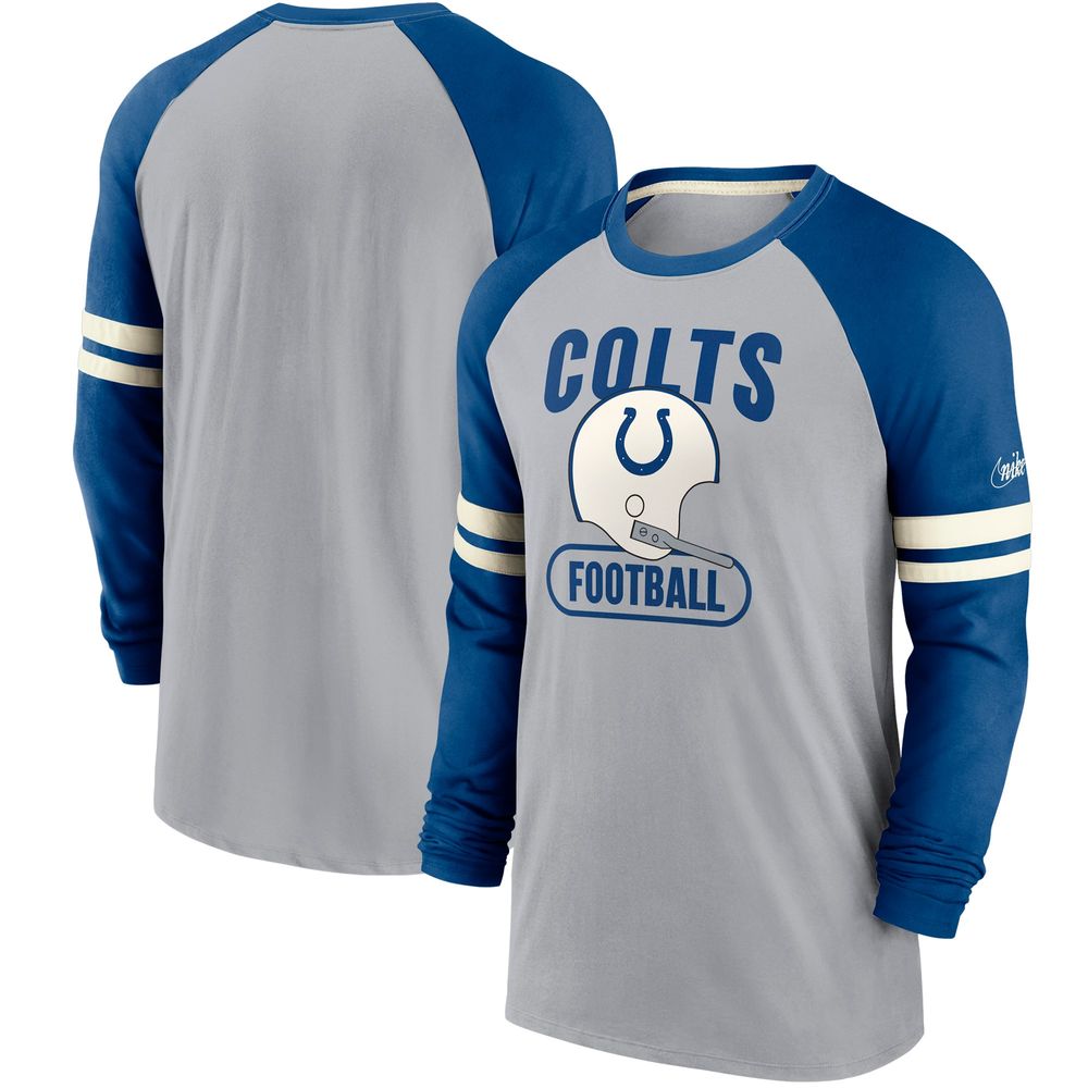 Men's Nike Gray/Royal Indianapolis Colts Throwback Raglan Long Sleeve T-Shirt