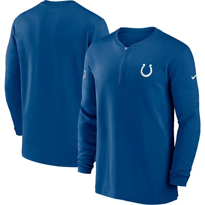 Haut Nike Royal Indianapolis Colts 2023 Sideline Performance à manches longues et tri-mélange avec fermeture éclair quart pour homme