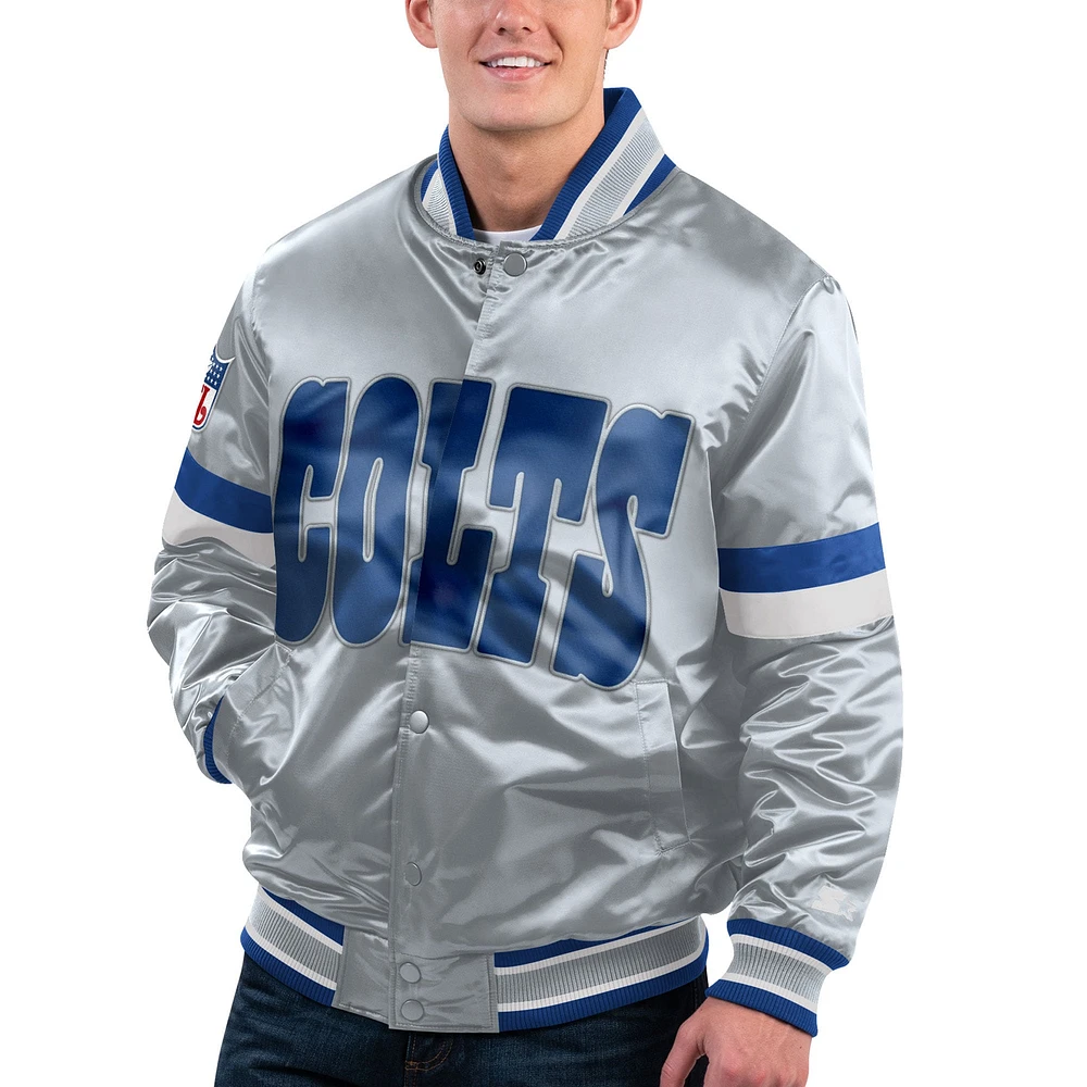 Veste universitaire à bouton-pression en satin pour hommes Starter Grey Indianapolis Colts Gridiron Classics