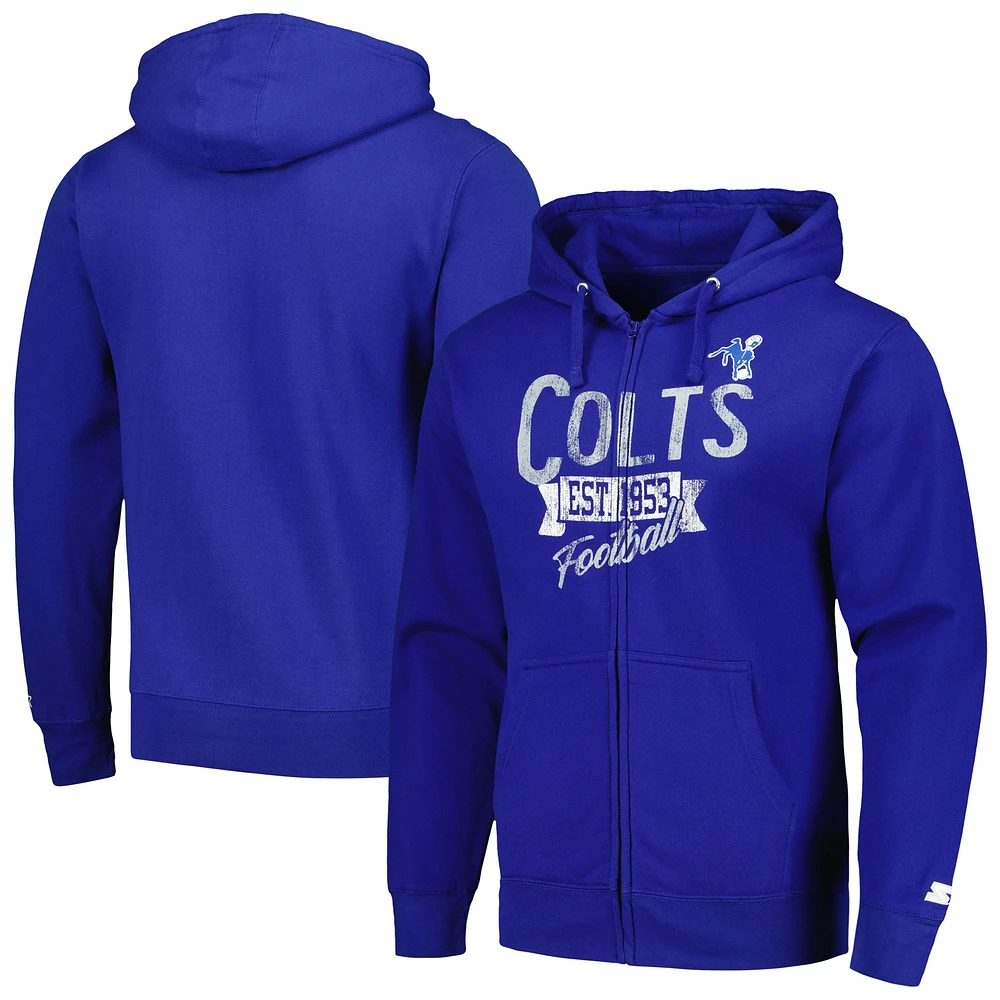 Sweat à capuche entièrement zippé Starter Royal Indianapolis Colts Gridiron Classics pour hommes après-saison