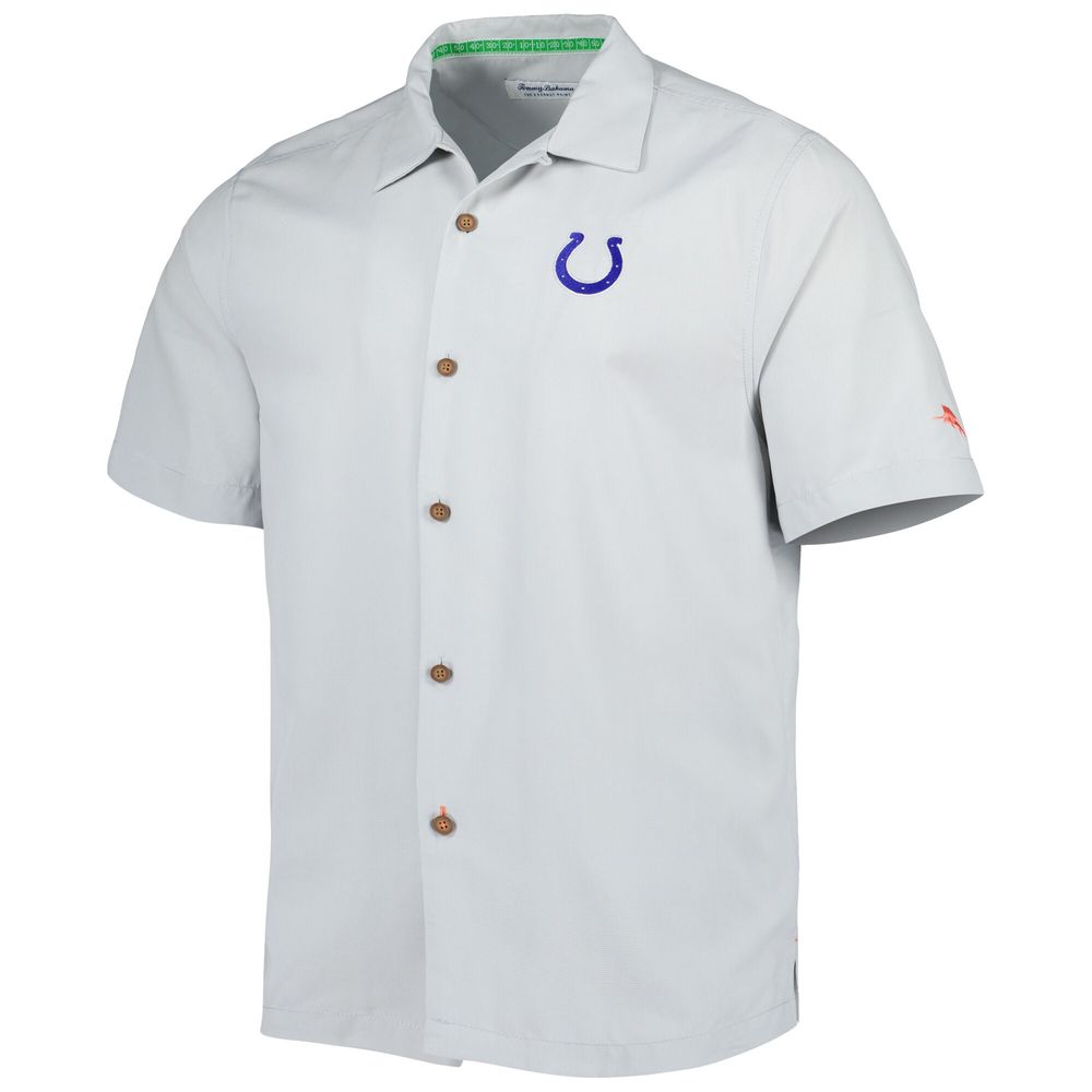 Men's Tommy Bahama Gray Indianapolis Colts Coconut Point Frondly Fan Camp IslandZone Button-Up Shirt