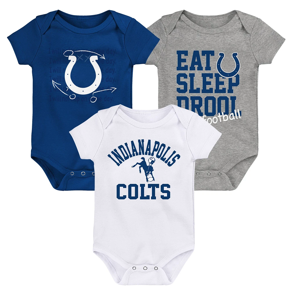 Newborn & Infant Royal/White/Heather Gray Indianapolis Colts Three-Pack Eat, Sleep Drool Retro Bodysuit Set