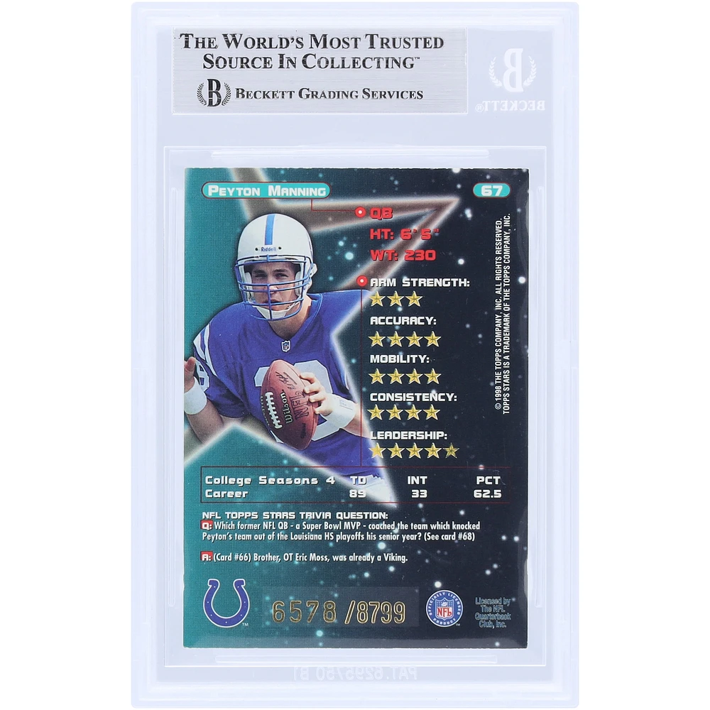 Peyton Manning Indianapolis Colts Autographed 1998 Topps Star #67 #/8799 Beckett Fanatics Witnessed Authenticated Rookie Card 