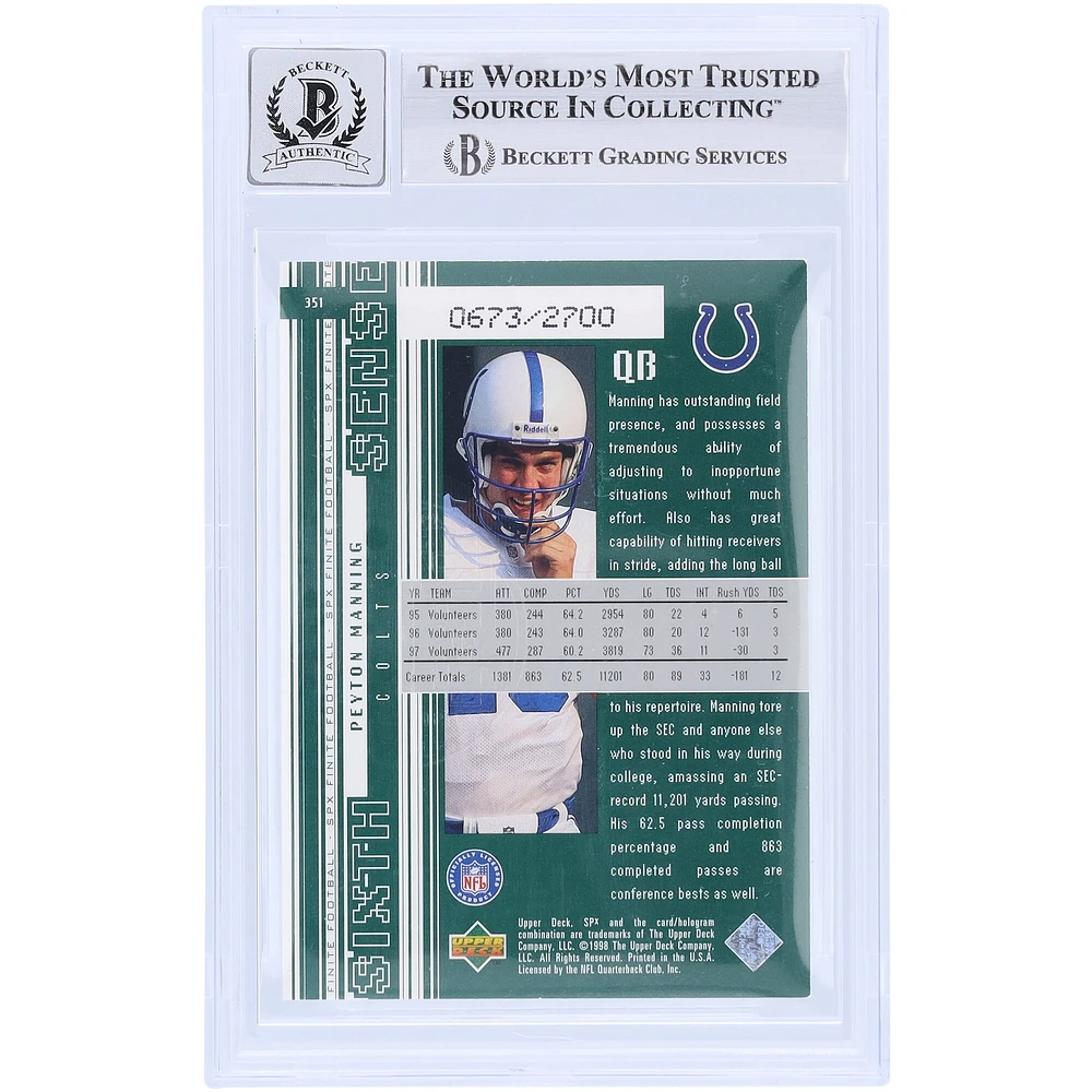 Peyton Manning Indianapolis Colts Autographed 1998 Upper Deck SPX Finite #351 #/2700 Beckett Fanatics Witnessed Authenticated 10 Rookie Card 