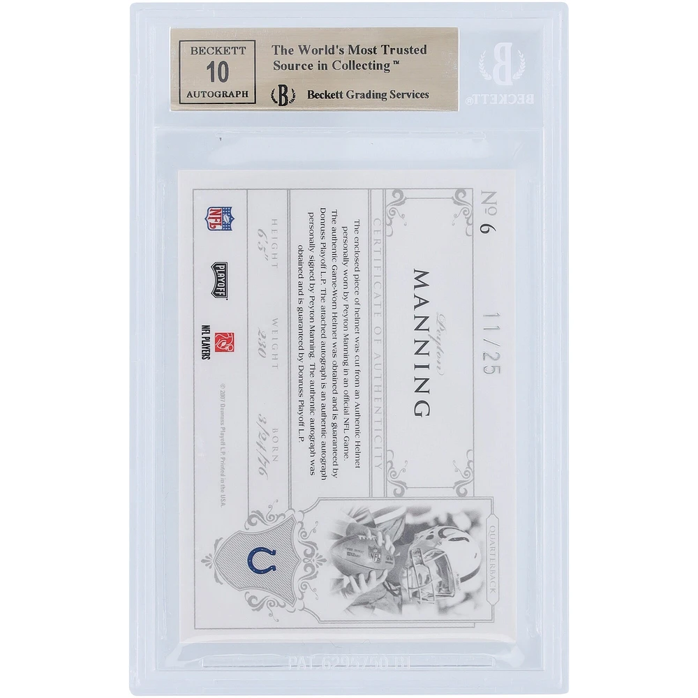Peyton Manning Indianapolis Colts Autographed 2007 Playoff National Treasures Relic #6 #11/25 BGS Authenticated 9.5/10 Card - 9,9.5,9.5,9.5 Subgrades