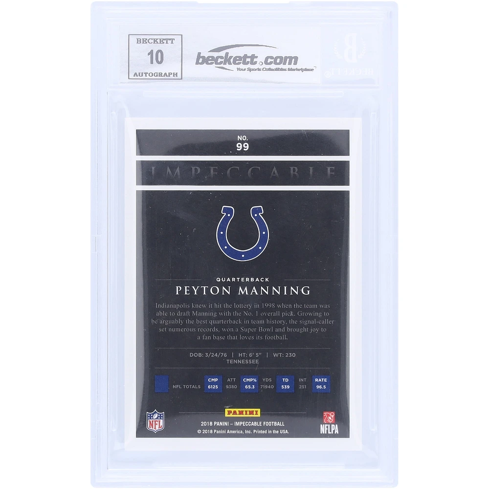 Peyton Manning Indianapolis Colts Autographed 2018 Panini Impeccable #99 #27/75 Beckett Fanatics Witnessed Authenticated 10 Card