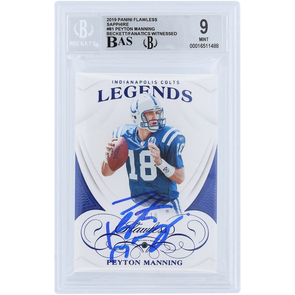 Peyton Manning Indianapolis Colts Autographed 2019 Panini Flawless Sapphire #81 #/10 Beckett Fanatics Witnessed Authenticated 9/10 Card 