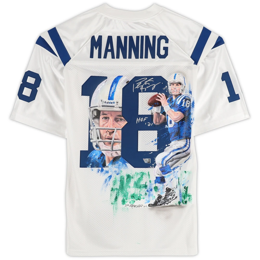 Peyton Manning Indianapolis Colts Autographed White Mitchell & Ness Authentic Jersey with Art by David Arrigo and "HOF 21" Inscription - RG13339424