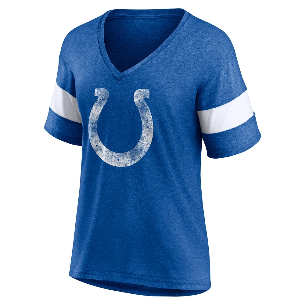 T-shirt à col en V mélange de trois couleurs chiné bleu royal/blanc des Indianapolis Colts pour femme