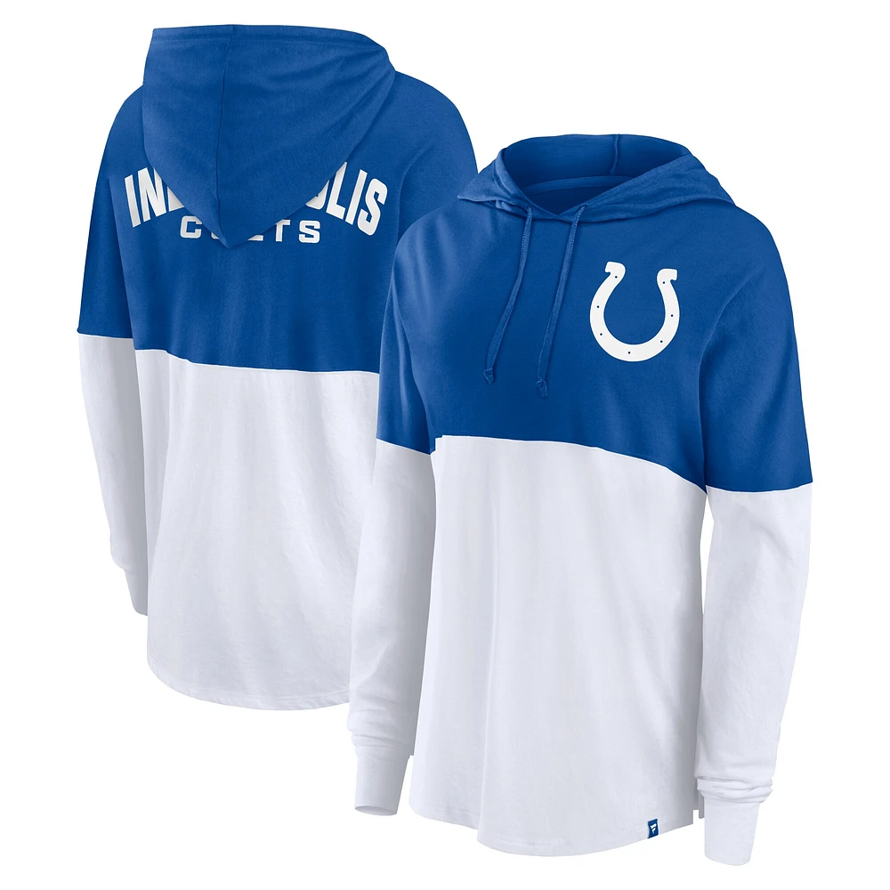 T-shirt à capuche manches longues Fanatics Royal/White Indianapolis Colts Backup Option pour femmes