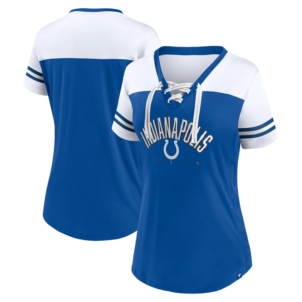 T-shirt en jersey à lacets Fanatics Royal/White Indianapolis Colts Blitz & Glam pour femmes