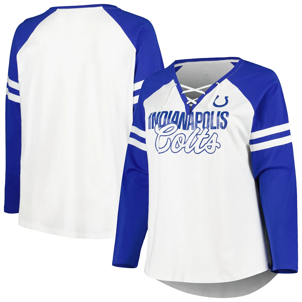 T-shirt à manches longues raglan col en V et lacets Fanatics pour femmes Royal/White Indianapolis Colts, grande taille, fidèle la forme