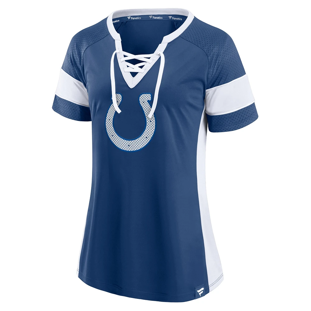 T-shirt raglan à lacets Indianapolis Colts Team Draft Me Fanatics Branded pour femme, royal/blanc