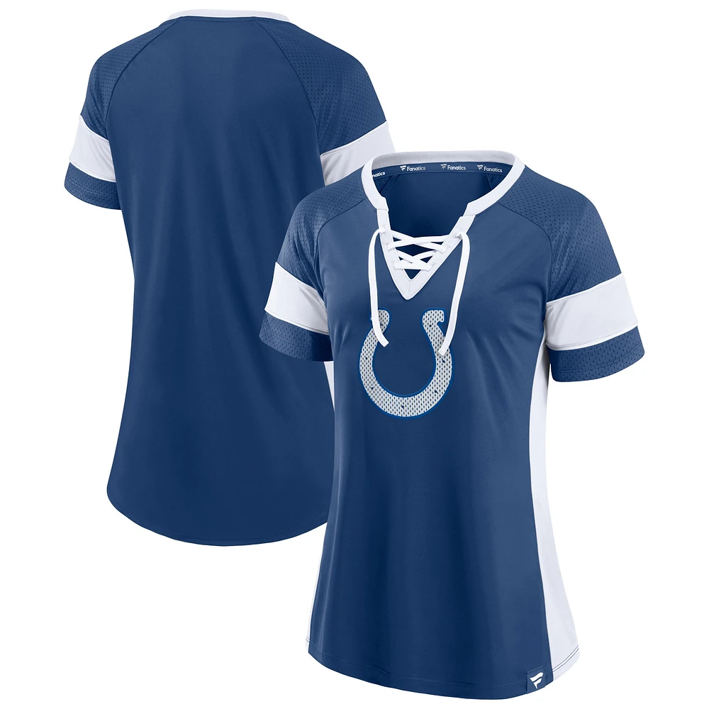 T-shirt raglan à lacets Indianapolis Colts Team Draft Me Fanatics Branded pour femme, royal/blanc