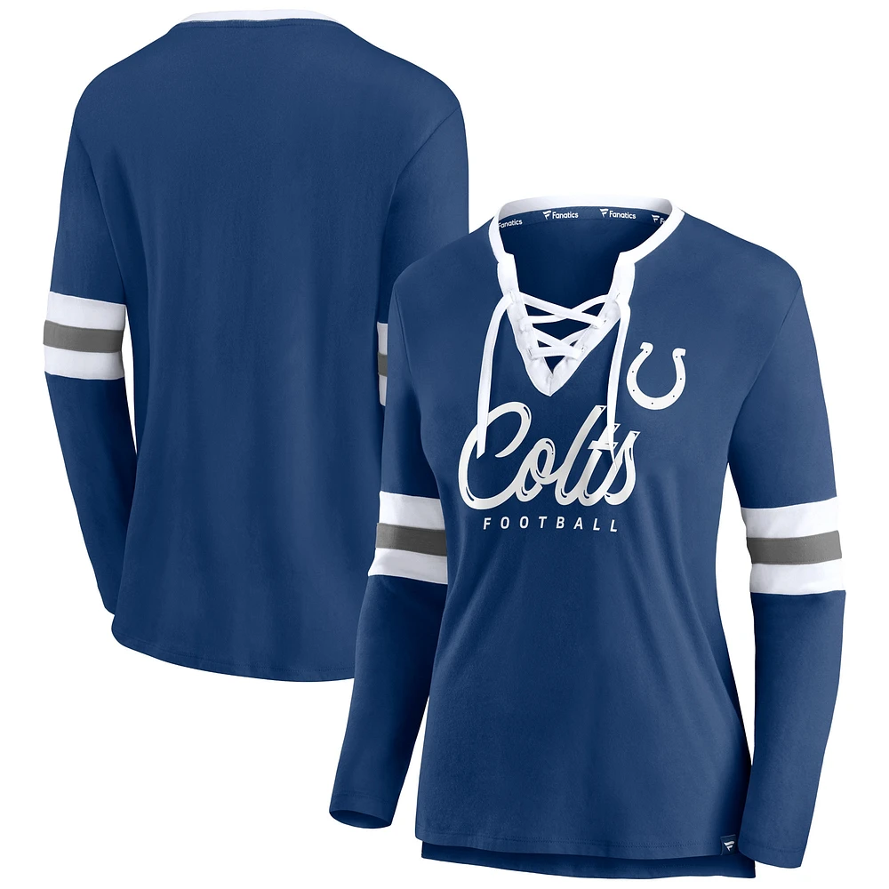 T-shirt à lacets manches longues Fanatics Royal Indianapolis Colts Block Party Team Script pour femmes