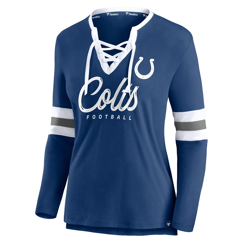 Women's Fanatics Royal Indianapolis Colts Block Party Team Script Lace-Up Long Sleeve T-Shirt