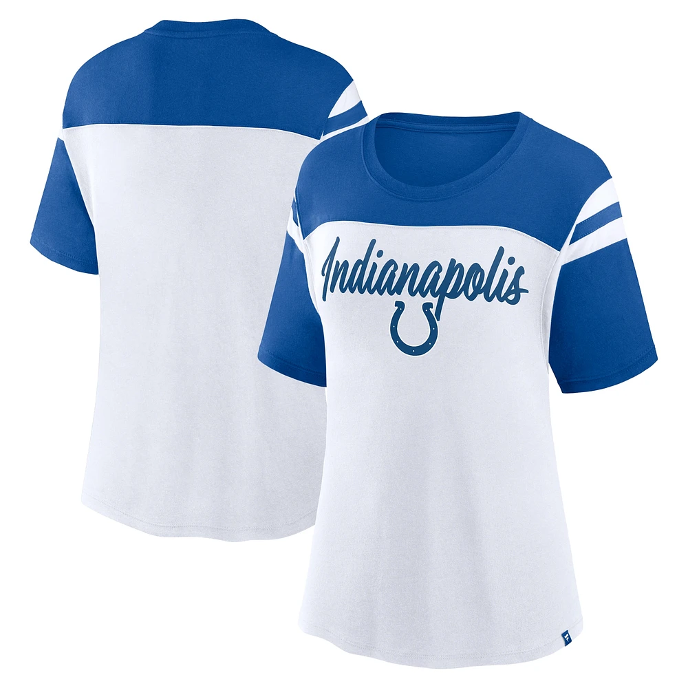 Haut court tendance fanatique blanc/bleu royal Indianapolis Colts Cheer Chant pour femme