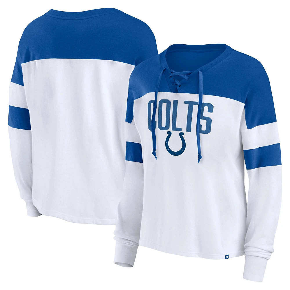 Haut à manches longues lacets et col en V Fanatics pour femmes, blanc/Royal Indianapolis Colts, grande taille, même match