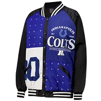 Women's Gameday Couture  Black/Royal Indianapolis Colts Oversized Hot Shot Rhinestone Throwback Full-Snap Varsity Bomber Jacket