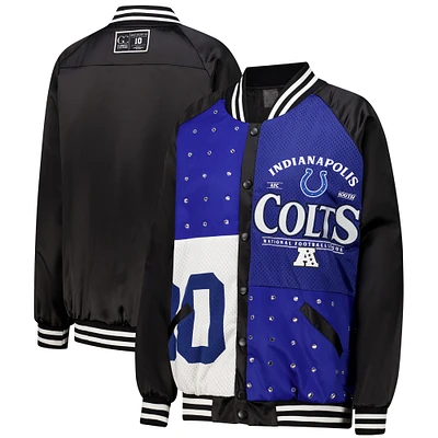 Veste bomber surdimensionnée à boutons-pression et strass pour femme Gameday Couture Indianapolis Colts noire/bleu marine