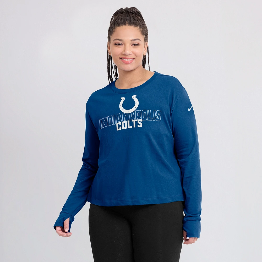 T-shirt Nike Royal Indianapolis Colts Modest Crop Performance à manches longues pour femme