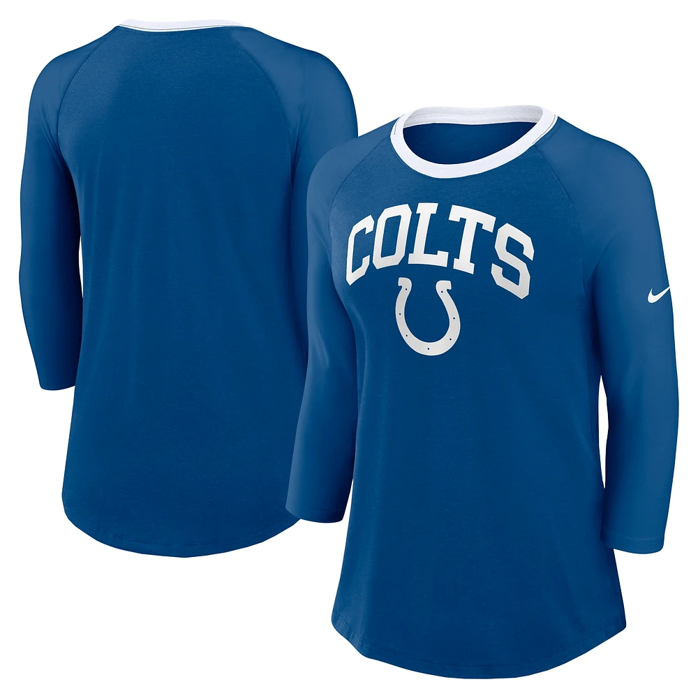 T-shirt raglan à manches 3/4 Nike Royal Indianapolis Colts pour femme