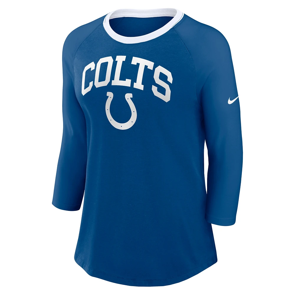 T-shirt raglan à manches 3/4 Nike Royal Indianapolis Colts pour femme