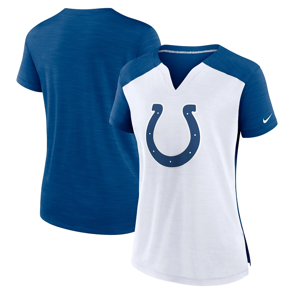 T-shirt Nike pour femme blanc/Royal Indianapolis Colts Impact Exceed Performance à col cranté