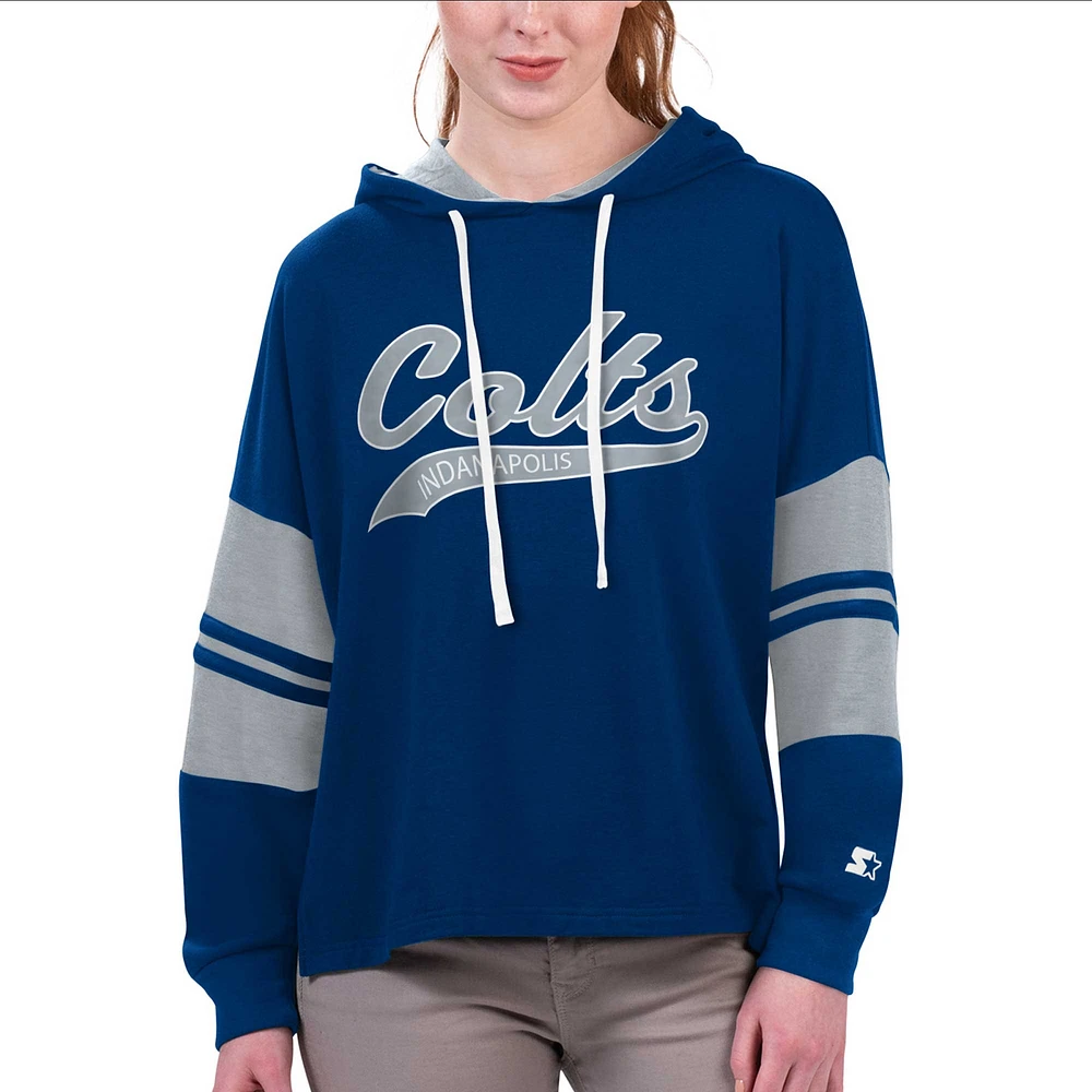 T-shirt à capuche manches longues Starter Royal Indianapolis Colts Bump and Run pour femme