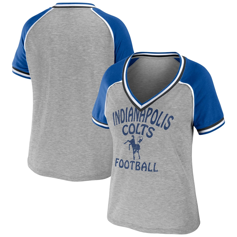 Women's WEAR by Erin Andrews Heather Gray Indianapolis Colts Cropped Raglan Throwback V-Neck T-Shirt