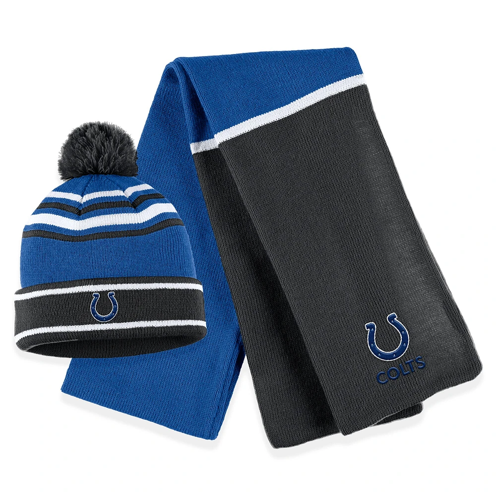 WEAR by Erin Andrews Royal Indianapolis Colts Bonnet en tricot à revers avec pompon et écharpe pour femme