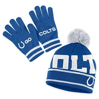 Ensemble bonnet à revers en tricot double jacquard avec pompon et gants pour femme WEAR by Erin Andrews Royal Indianapolis Colts