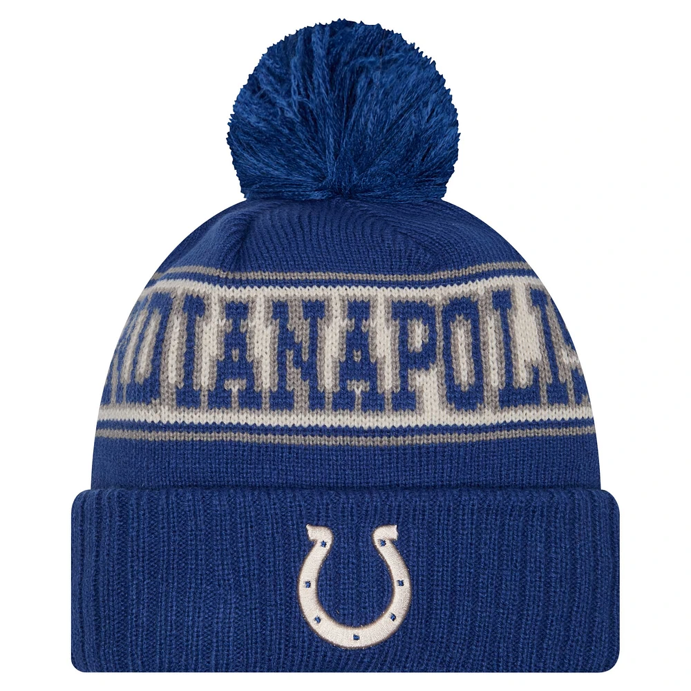 Bonnet en tricot à revers rétro avec pompon pour jeunes New Era Royal Indianapolis Colts