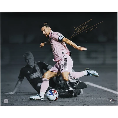 Lionel Messi Inter Miami CF Autographed 16" x 20" Pink Jersey Dribbling Spotlight Photograph - Icons