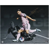 Lionel Messi Inter Miami CF Autographed 16" x 20" Pink Jersey Dribbling Spotlight Photograph - Icons