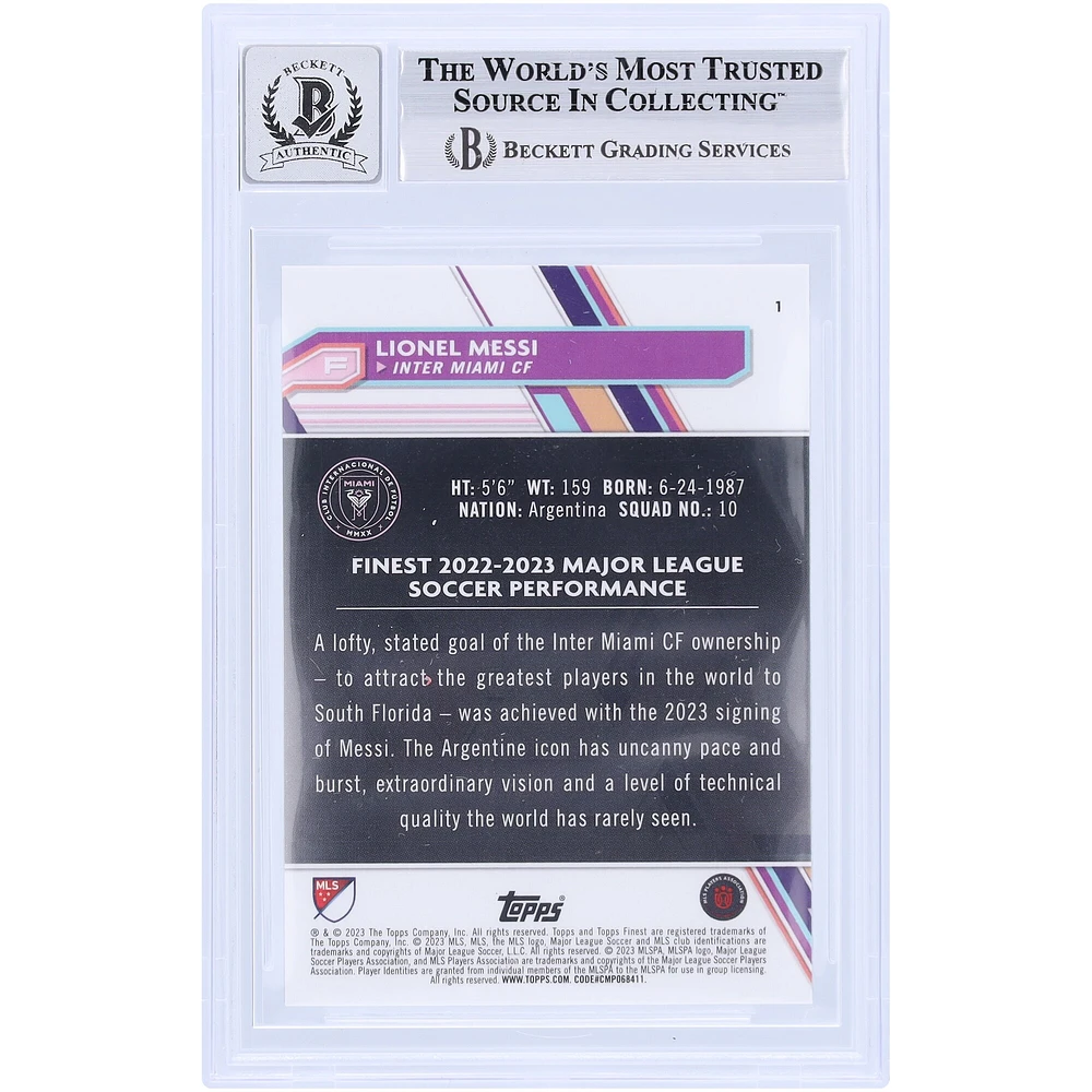 Carte autographiée 9/10 de Lionel Messi Inter Miami CF 2023 Topps Finest MLS #1 BAS authentifiée