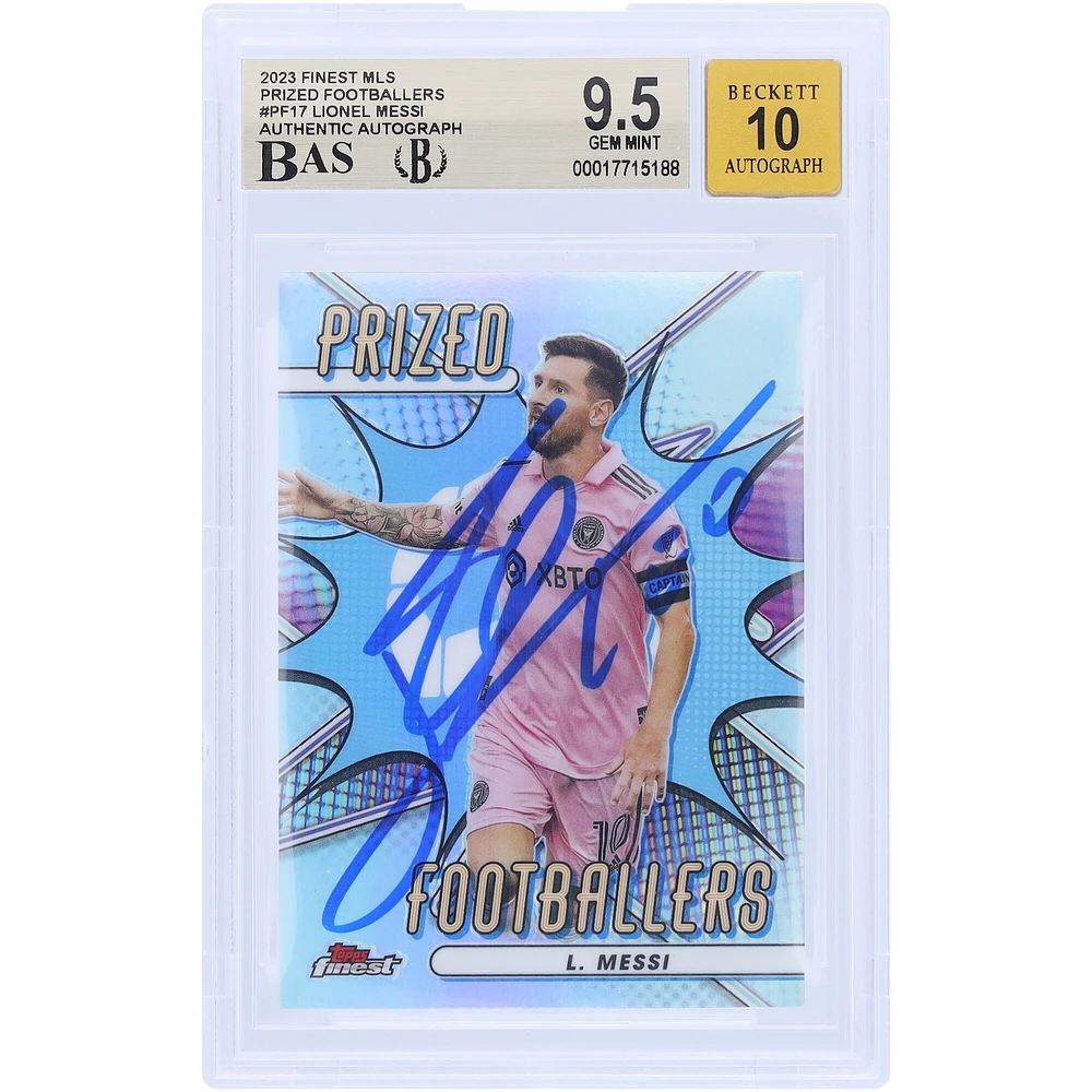 Carte autographiée Lionel Messi Inter Miami CF 2023 Topps Finest MLS Prized Footballers #PF-17 BAS Authentifiée 9.5/10