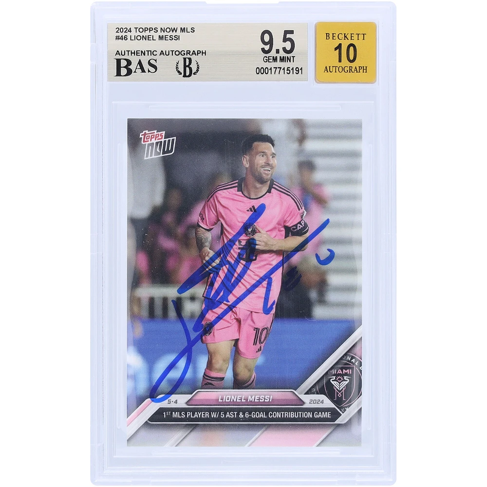 Lionel Messi Inter Miami CF Autographed 2024 Topps Now MLS 1st MLS Player with 5 Assist & 6 Goal Contribution Game #46 BAS Authenticated /10 Card