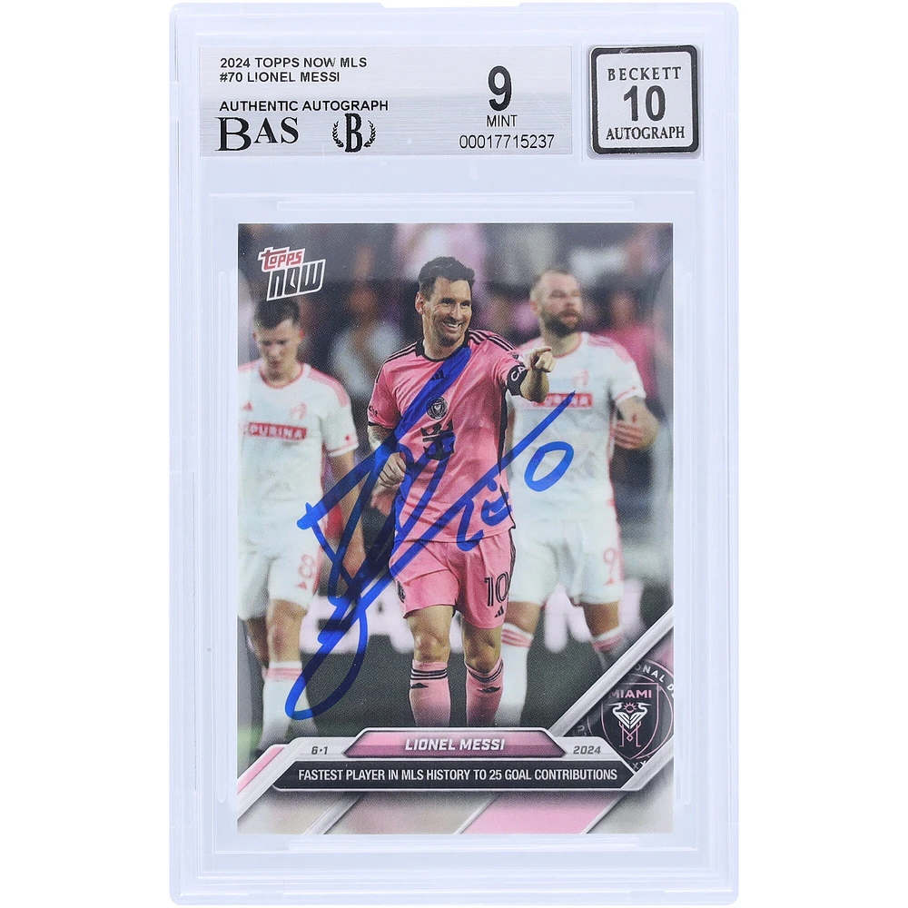 Lionel Messi Inter Miami CF autographié 2024 Topps maintenant MLS joueur le plus rapide de l'histoire de la MLS à contribuer à 25 buts #70 BAS Carte authentifiée 9/10