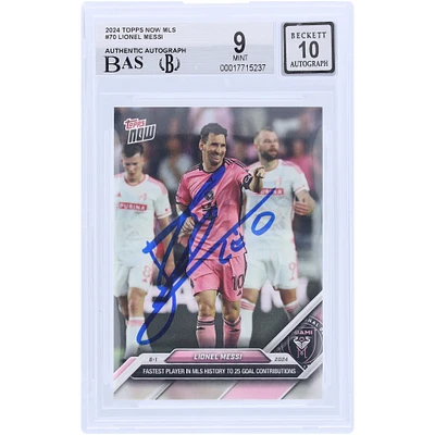 Lionel Messi Inter Miami CF autographié 2024 Topps maintenant MLS joueur le plus rapide de l'histoire de la MLS à contribuer à 25 buts #70 BAS Carte authentifiée 9/10