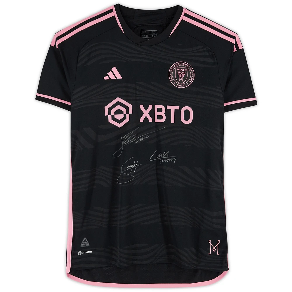 Lionel Messi, Luis Suarez & Sergio Busquets Inter Miami CF Autographed 2023 Black adidas Authentic Jersey - Front Signed