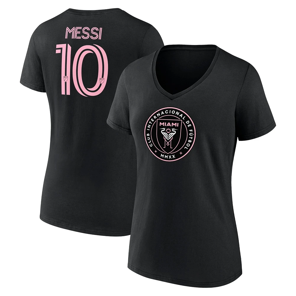 T-shirt à col en V avec nom et numéro de pile authentique Lionel Messi noir Inter Miami CF marque Fanatics pour femmes